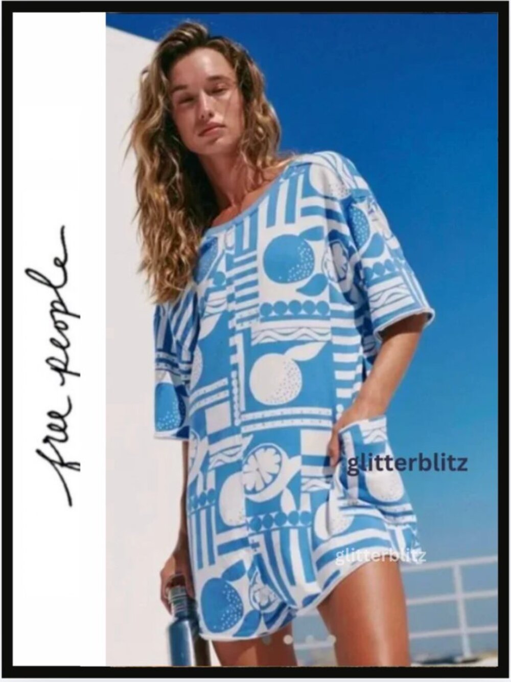 Free People Hot Shot Printed Tee Romper SUNDAY MARKET BLUE 💙